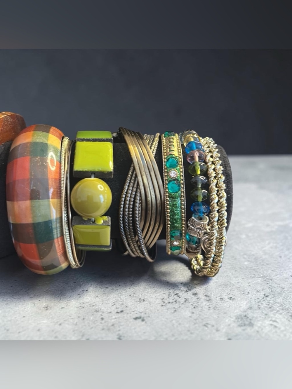 Vintage Boho Enamel Bangle Bracelet Stack Set Green Plaid Gold Statement Lot